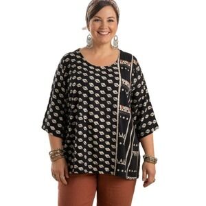 Marketplace Handwork India 4W Top Embroidered Artsy Black Tan Lagenlook Boho